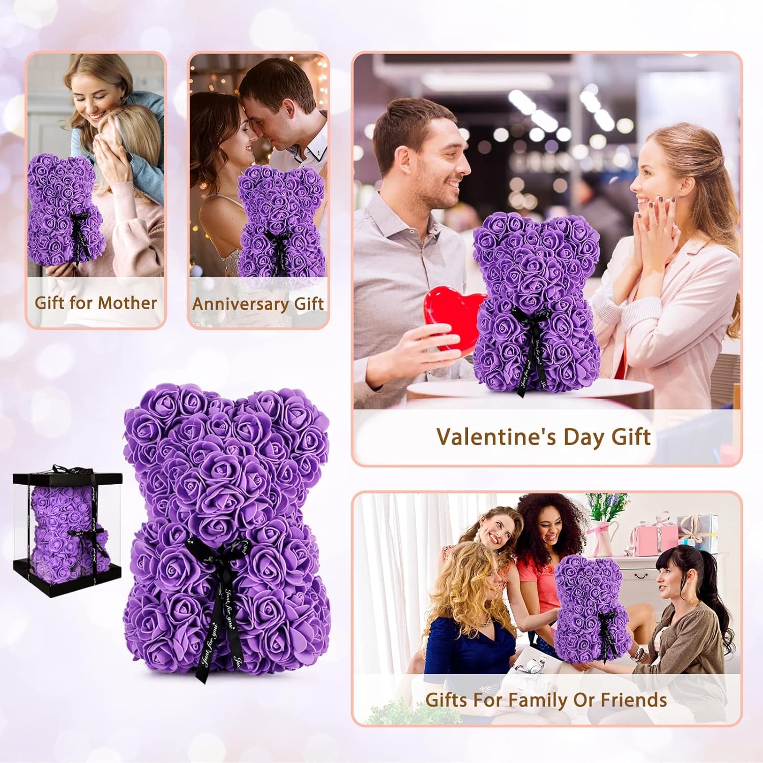 Rose Bear Gift for Women, Flower Bear Mom Birthday Gifts from Daughter Son, Rose Teddy Bear Valentines Day Gifts for Girlfriend, for Wife Mom​(Purple)