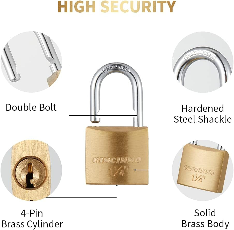 12Pack Small Solid Brass Locks Keyed Alike，1-1/4” (30Mm) Wide Lock Body, 1/5” Shackle Diameter Padlocks with Key