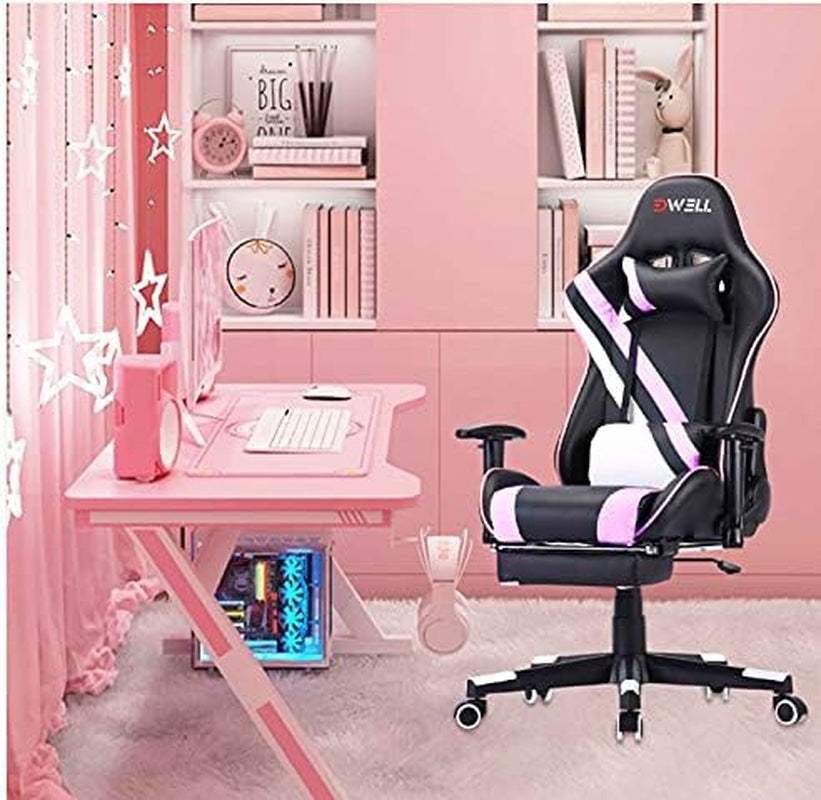 Pink Gaming Chair,Computer Chair,Gaming Chair with Footrest,Adjustable Gamer Chair with Headrest and Lumbar Support,Pu Leather Gaming Chair for Adults,Ergonomic Design