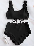 Solid Blue Two Pieces Swimsuit Bathing Suits Bikini Women Scalloped Textured High Waisted Bikini Set Lace up Bathing Suits XXL