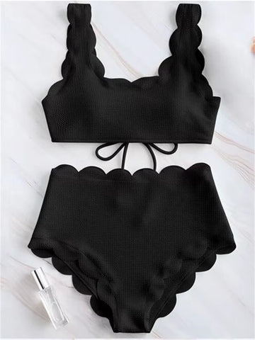 Solid Blue Two Pieces Swimsuit Bathing Suits Bikini Women Scalloped Textured High Waisted Bikini Set Lace up Bathing Suits XXL