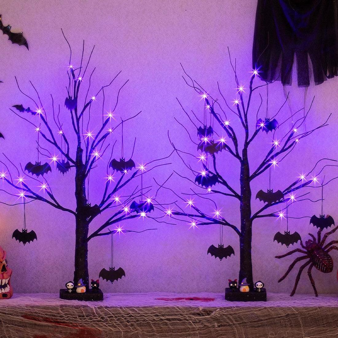 Halloween Decorations, 2FT Black Halloween Tree with 24 Purple Lights and 8 Bat Ornaments, Light up Halloween Decorations with Timer for Indoor Home Desk Table Decor (2PK)