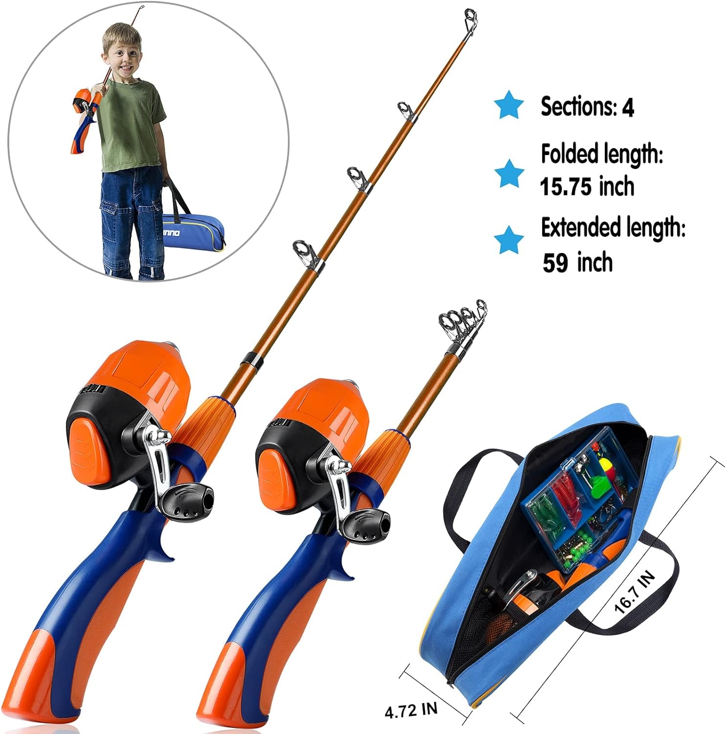 Kids Fishing Pole,Portable Telescopic Fishing Rod and Reel Full Kits, Spincast Youth Fishing Pole Fishing Gear for Kids, Boys