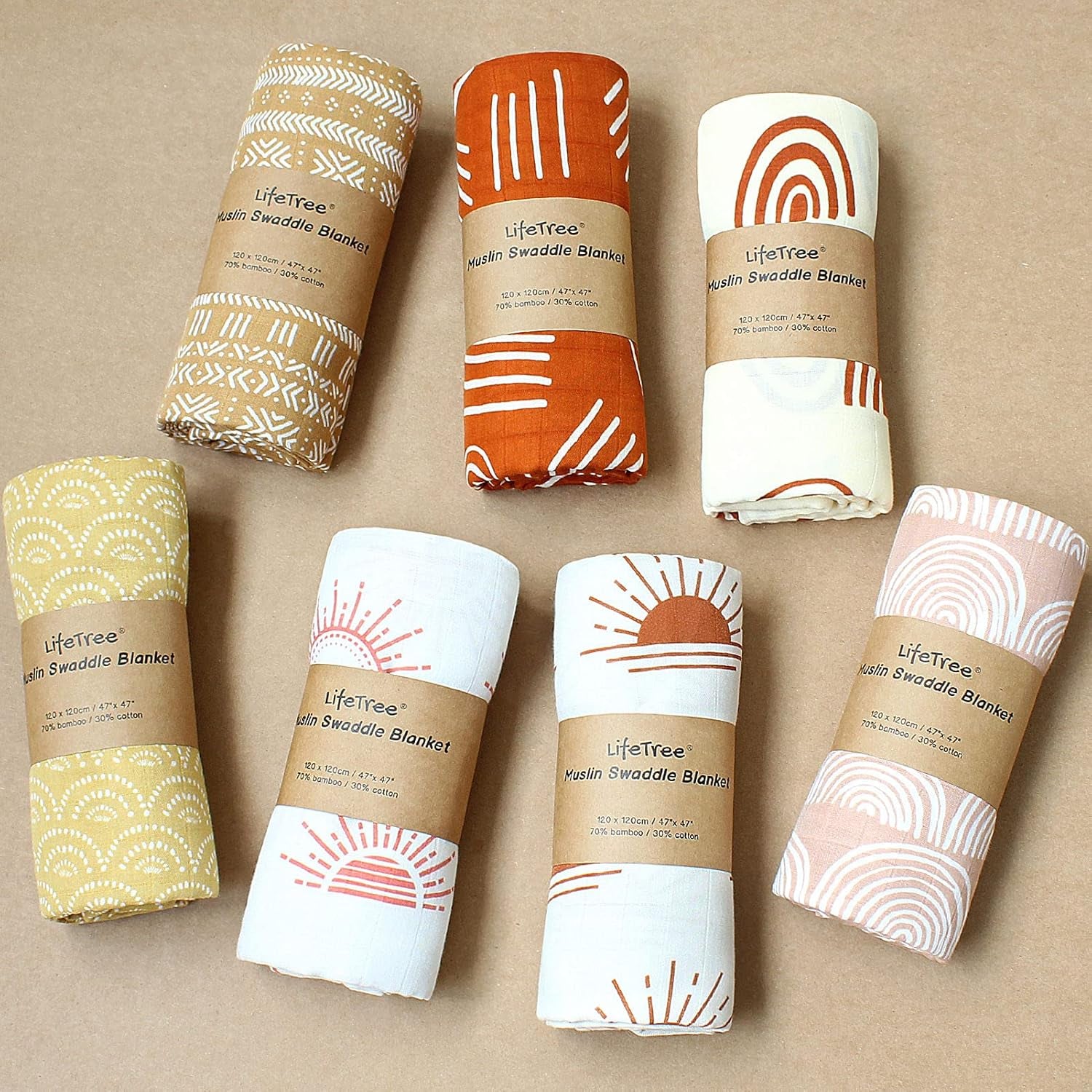 Baby Swaddle Blankets - 70% Viscose from Bamboo and 30% Cotton Muslin Swaddle Blankets Unisex - Boho Vintage Rainbow Print, Silky Soft, Lightweight, Breathable, Large 47 X 47 Inches