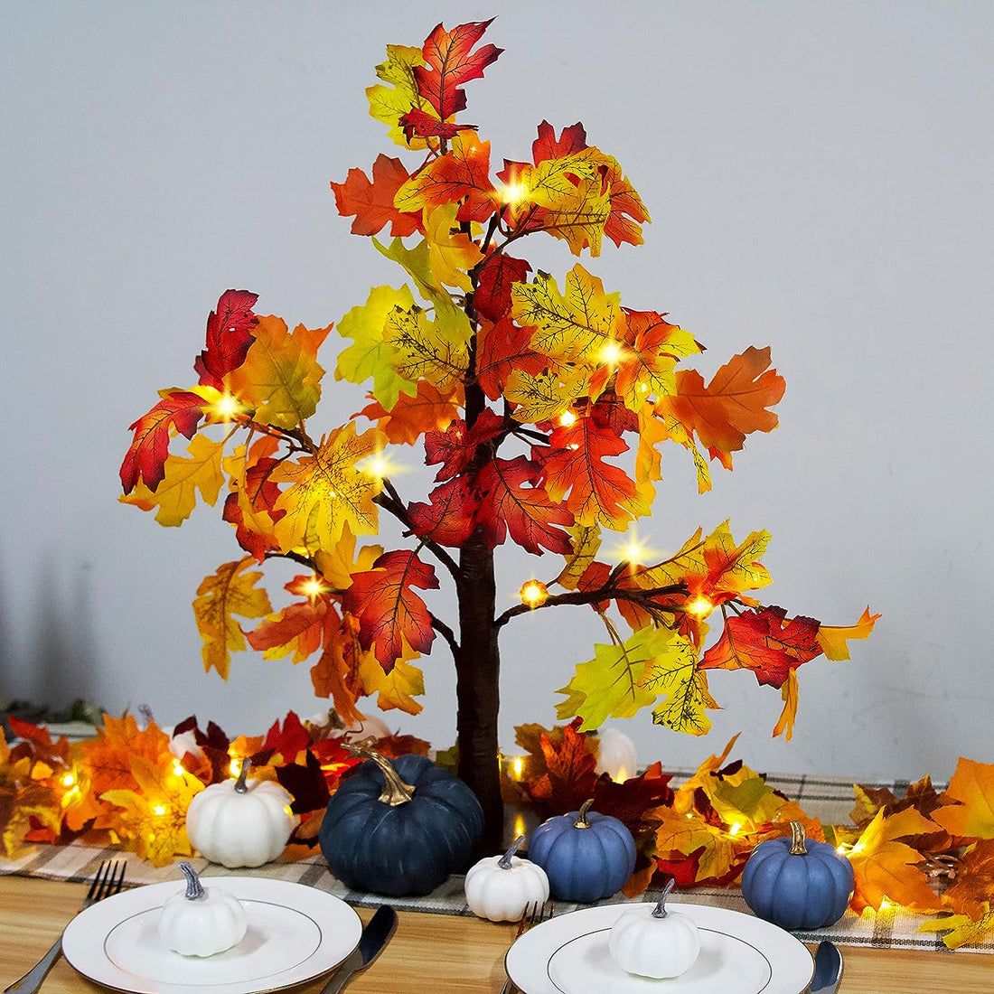 Fall Decorations for Home, 25" 24 LED Artificial Fall Maple Leaves Table Tree with Pumpkins Lights Indoor Wedding Party Autumn Thanksgiving Decor