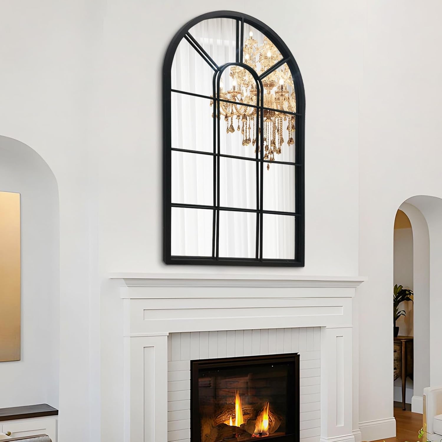 Wall Mirror Window Decorative Mirrors Arched Farmhouse for Living Room Bedroom Entryway Bathroom Vanity (Black,41.3”X 24” X1”)
