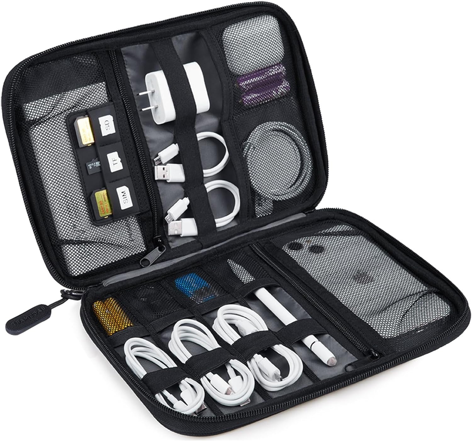 Large Electronics Travel Organizer Case, Tech Accessories Cord Storage Bag for Phone, Power Bank, SD Card, Cables, Black