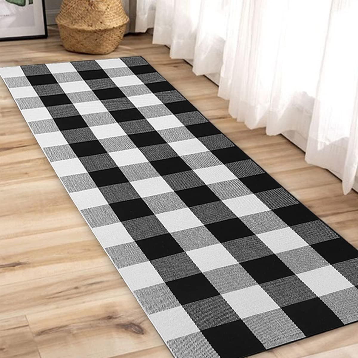 Buffalo Plaid Runner Rug - 2' X 6' Black Checkered Runner Rug, Farmhouse, Indoor, Washable, Water Resistant