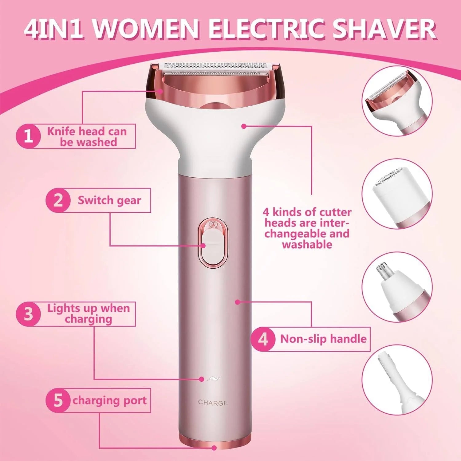 4 in 1 Electric Razor for Women Nose Hair Trimmer for Women Cordless Face Shaver Set Facial Hair Removal for Women Painless Body Hair Remover Lady Grooming Kit for Bikini, Eyebrow, Arm, Leg, Nose