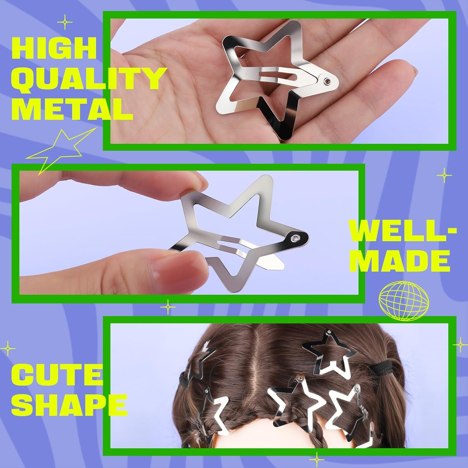 30 PCS 1.61" Star Hair Clips, Y2K Hair Accessories, Silver Clips for Girls Women, Rave Accessories, Non Slip Barrettes, Metal Snap Hair Clips