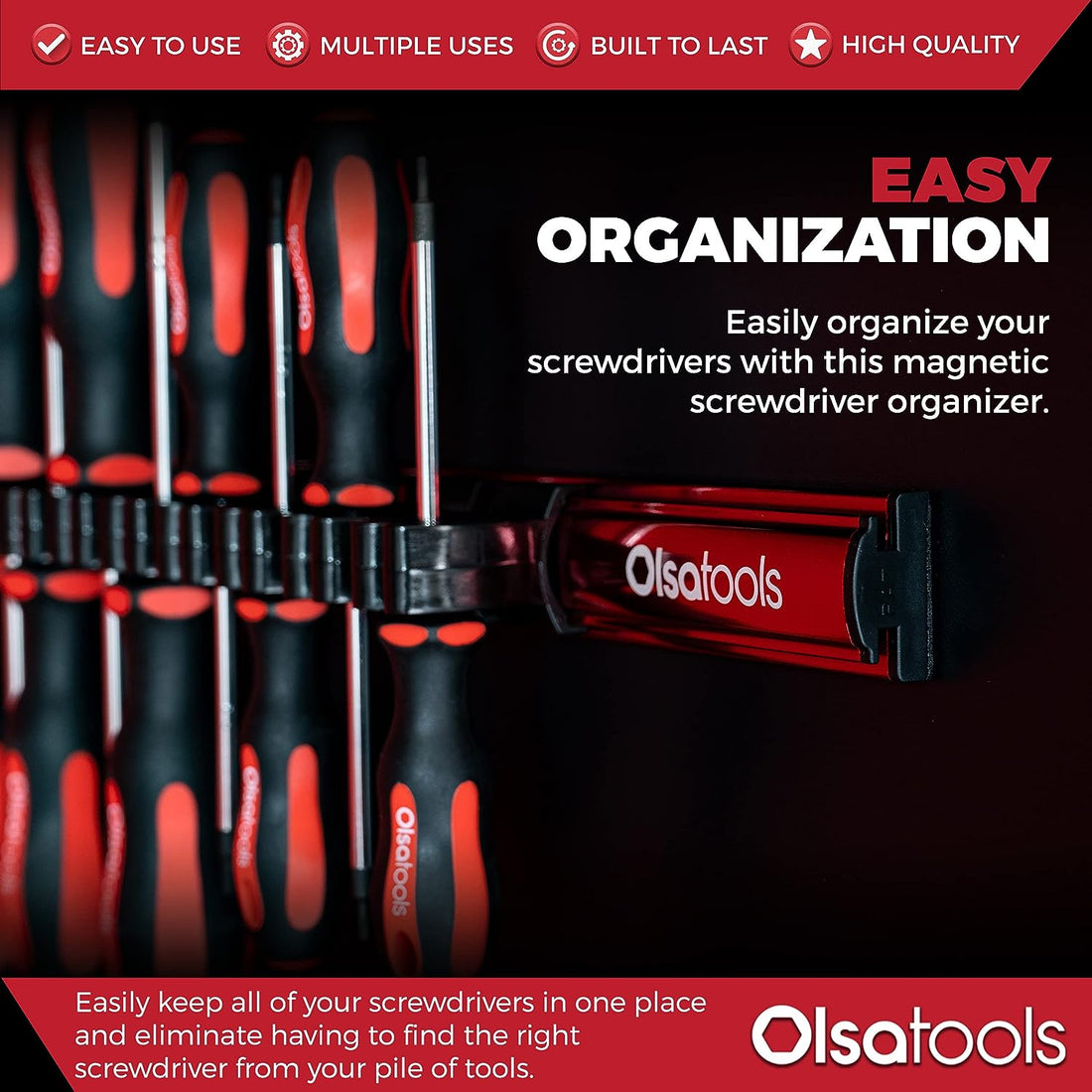 Magnetic Screwdriver Organizer - Screwdriver Holder with Strong Magnets and Foam Backing - Professional Tool Holder and Tool Organizer - Stores up to 16 Screwdrivers - Red - Part: 1008