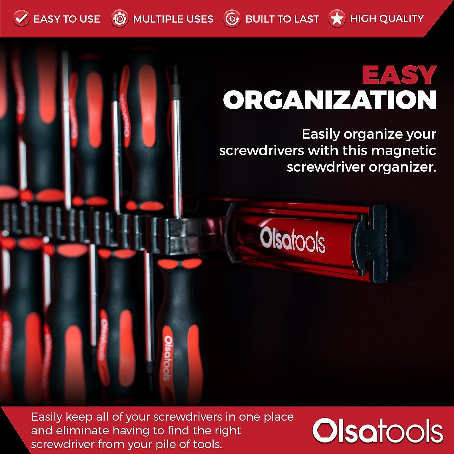 Magnetic Screwdriver Organizer - Screwdriver Holder with Strong Magnets and Foam Backing - Professional Tool Holder and Tool Organizer - Stores up to 16 Screwdrivers - Red - Part: 1008
