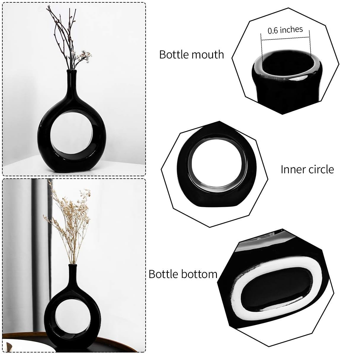 10" Black Modern Ceramic Vase - Glossy Finish, Bottle Shape, Ideal for Living Room, Bedroom, Kitchen Decor