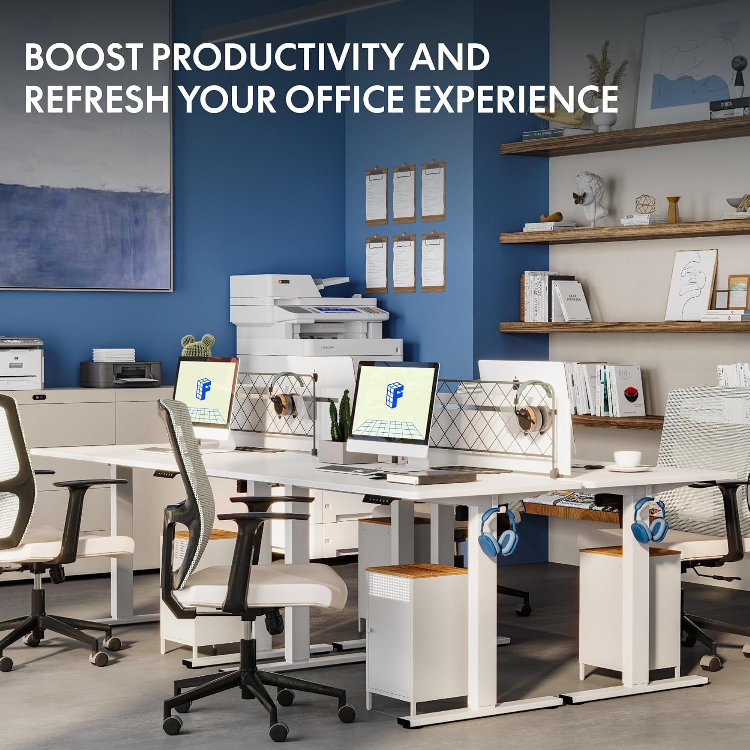 One-Piece Electric Standing Desk, 48 X 24 Inches Adjustable Desk with Seamless Desktop, Memory Controller Height Adjustment (White Frame + White Desktop, 2 Packages)