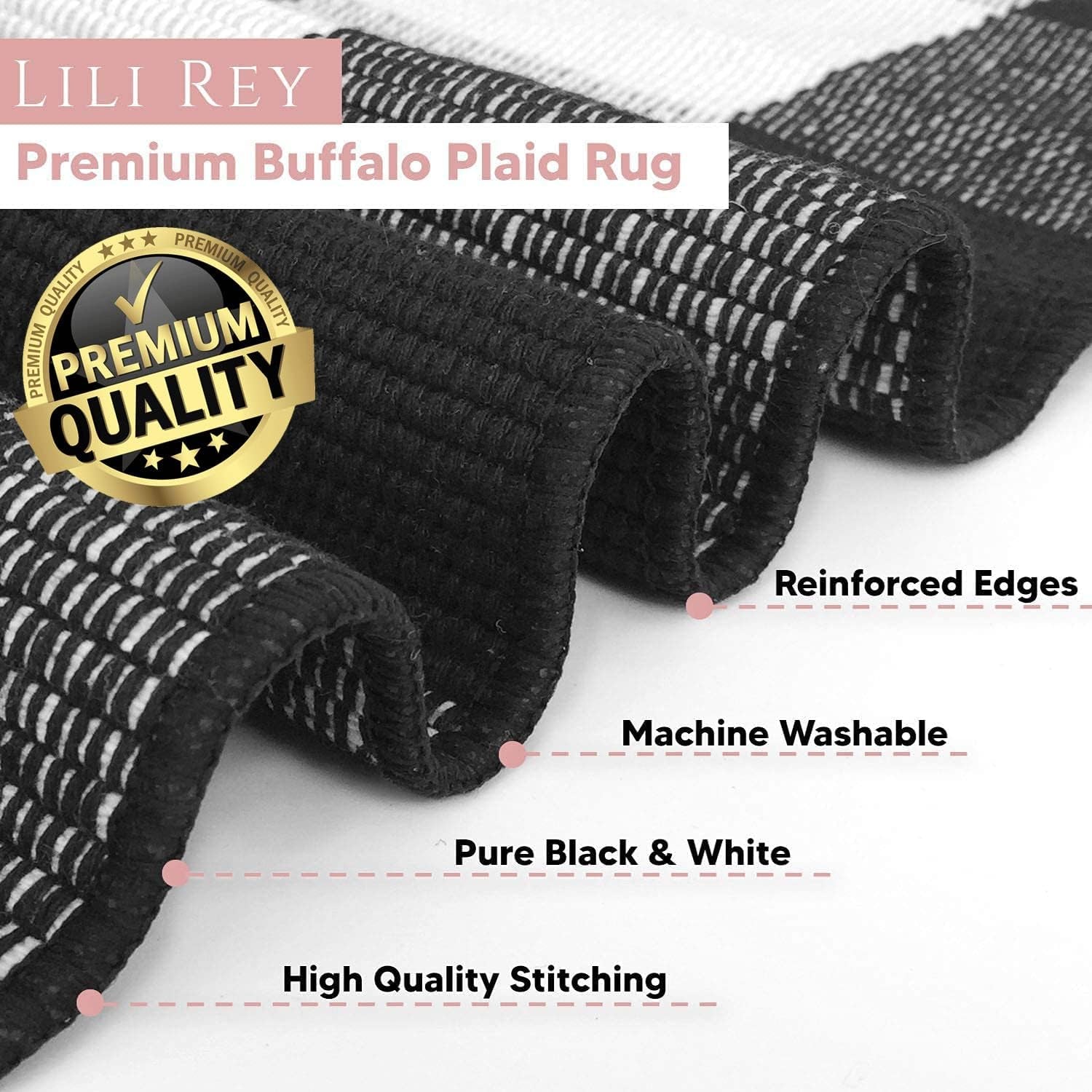 Buffalo Plaid Runner Rug - 2' X 6' Black Checkered Runner Rug, Farmhouse, Indoor, Washable, Water Resistant