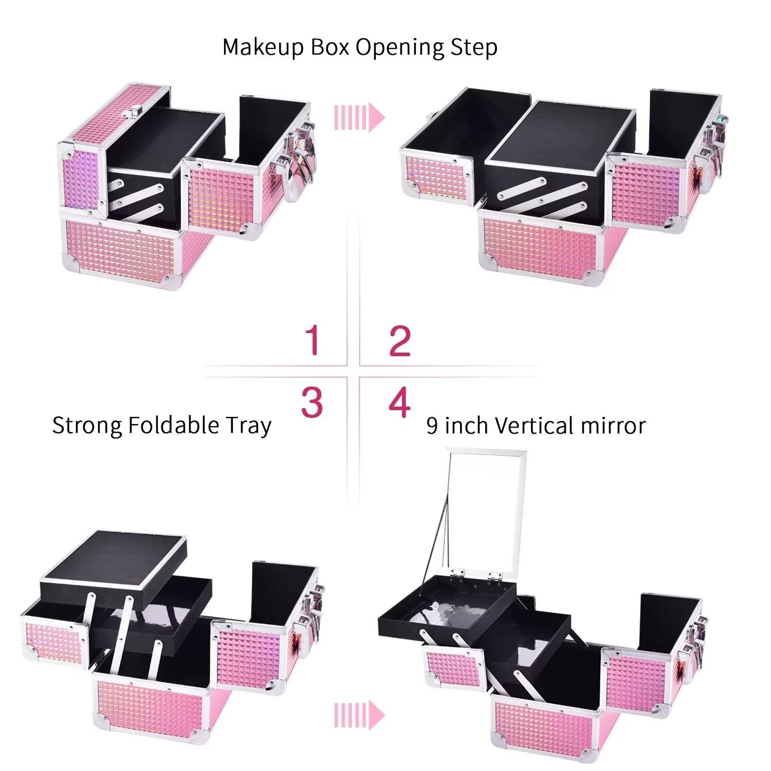 Makeup Train Case Makeup Case Organizer Portable Cosmetic Box Storage with 2 Trays Mirror Locking Make up Travel Case for Nail Kits Cosmetics Craft Traveling Makeup Box Mermaid Pink