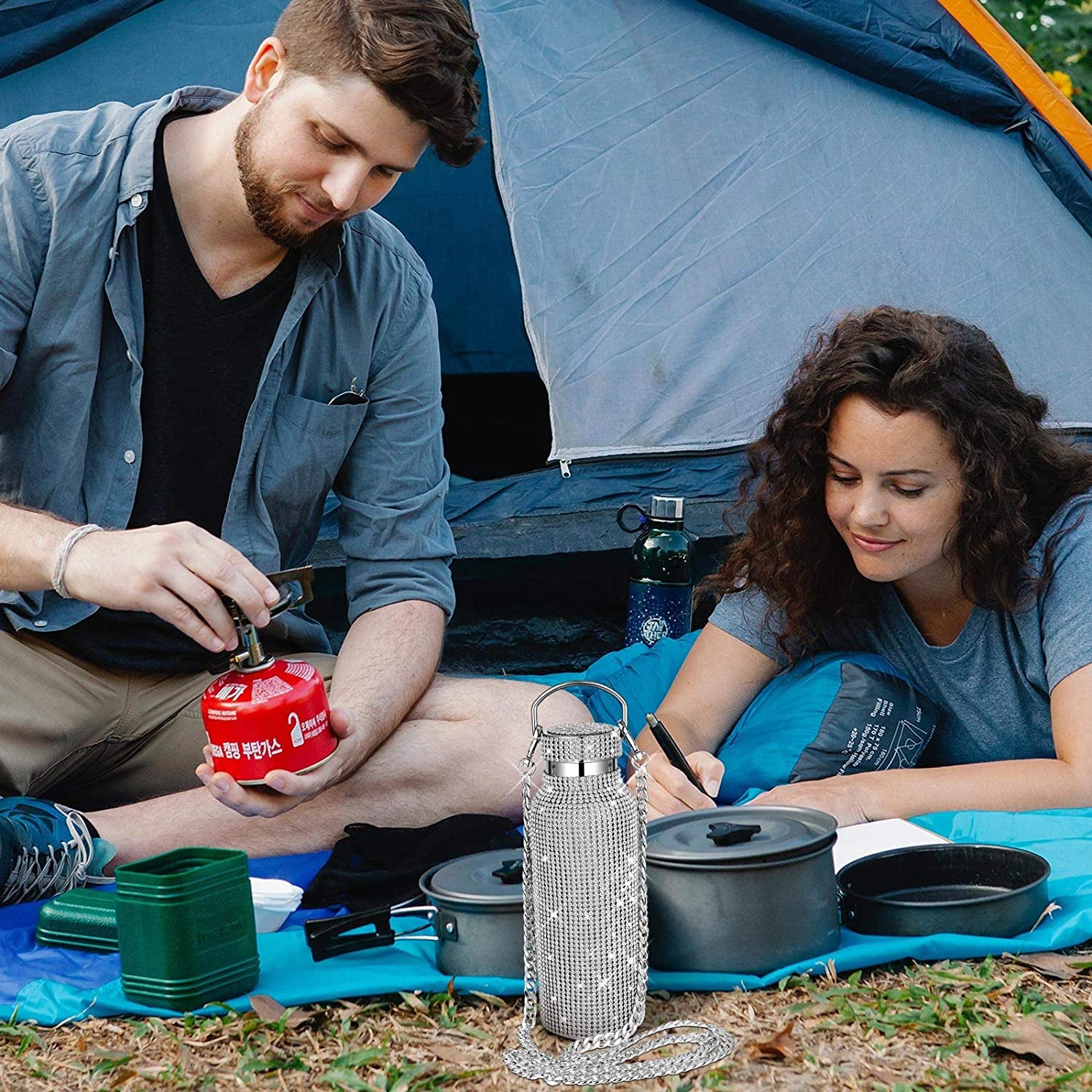 Diamond Water Bottle Bling Rhinestone Stainless Steel Thermal Bottle Refillable Insulated Glitter Water Jug with Chain for Women Girls Gifts(500 Ml,Silver)