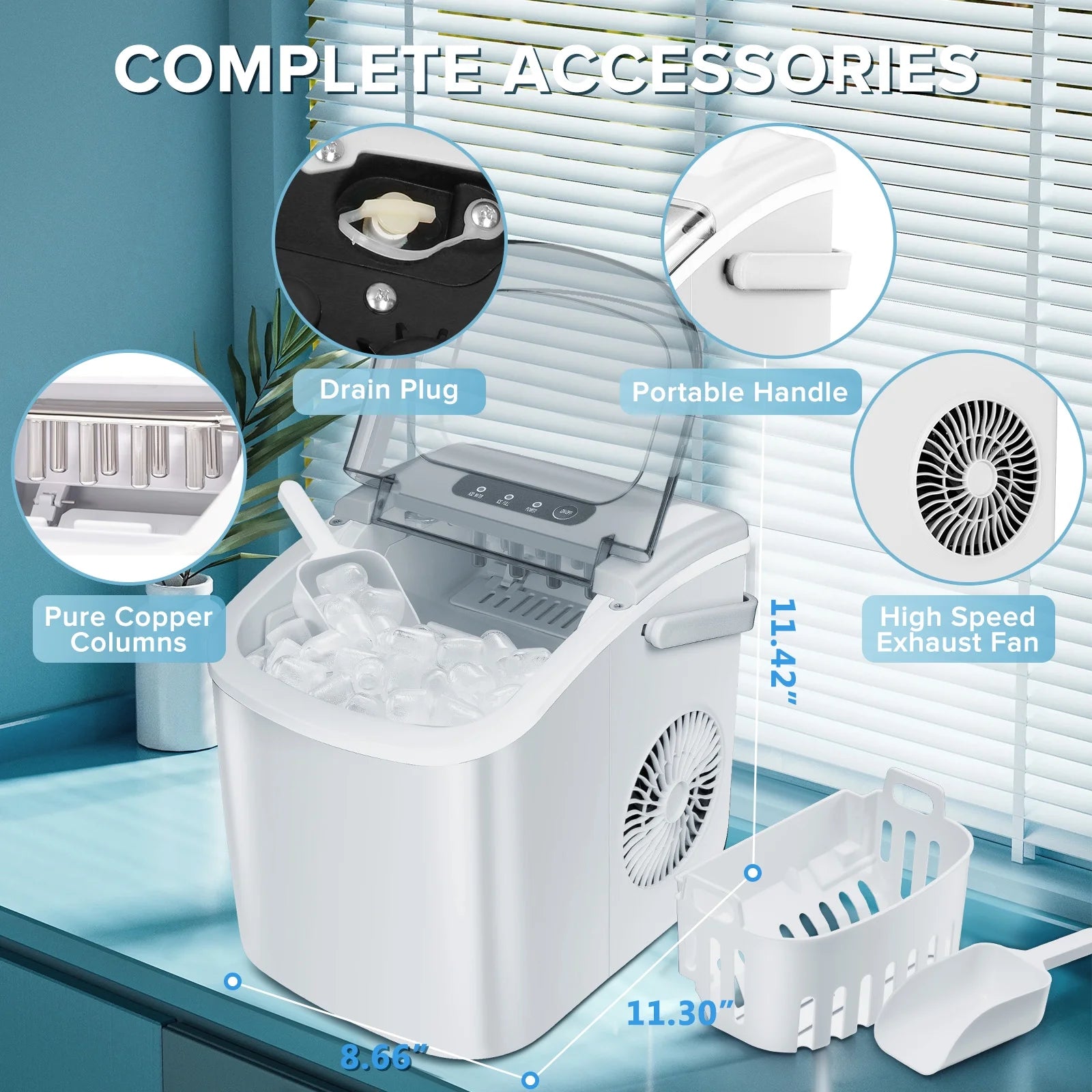 Countertop Ice Maker Machine 26Lbs/24H, 6 Mins/9 Bullets of Ice, Self-Cleaning, White