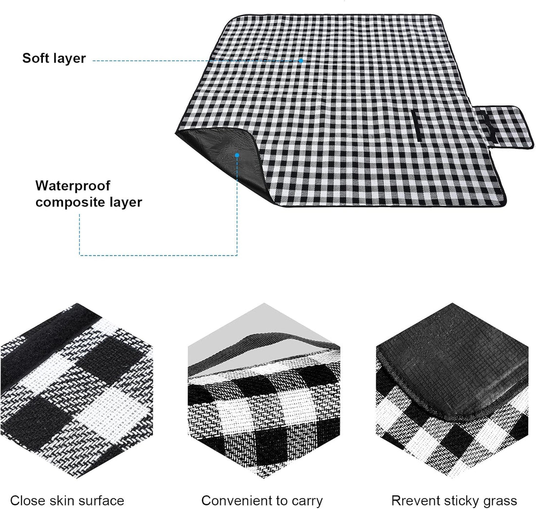 Wicker Picnic Basket Natural Hand Woven Basket with Double Folding Handles, Willow Hamper Baskets with Blanket for Outdoor Picnic Summer Spring Camp Family(Black and White Grid)