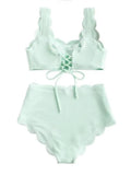 Solid Blue Two Pieces Swimsuit Bathing Suits Bikini Women Scalloped Textured High Waisted Bikini Set Lace up Bathing Suits XXL