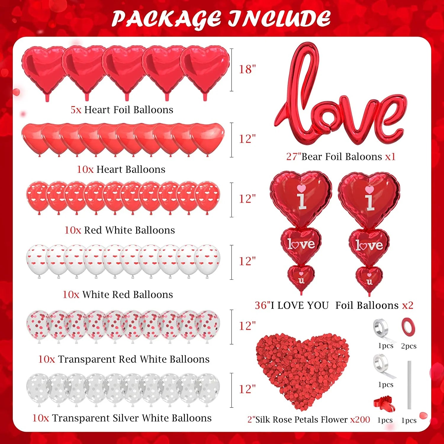 Valentine'S Day Balloons Kit - I Love You Balloons, White Red Heart Balloons, Balloon Pump & Rose Petals for Valentines Day Anniversary Wedding Engagement Decorations Special Night Gift