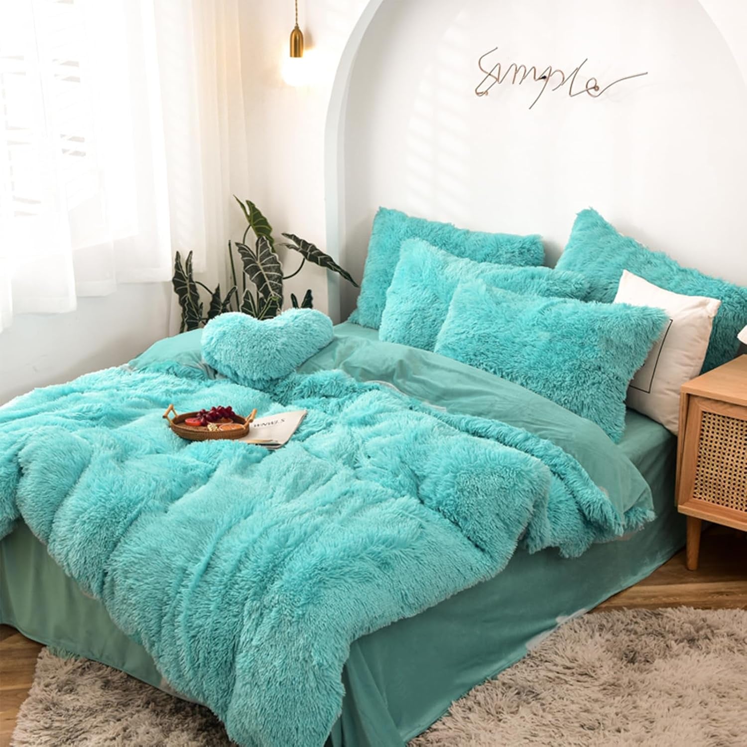 5 PCS Shaggy Duvet Cover Bedding Set - Long Faux Fur Luxury Ultra Soft (Aqua, Full/Queen)