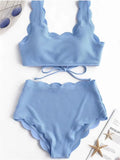 Solid Blue Two Pieces Swimsuit Bathing Suits Bikini Women Scalloped Textured High Waisted Bikini Set Lace up Bathing Suits XXL