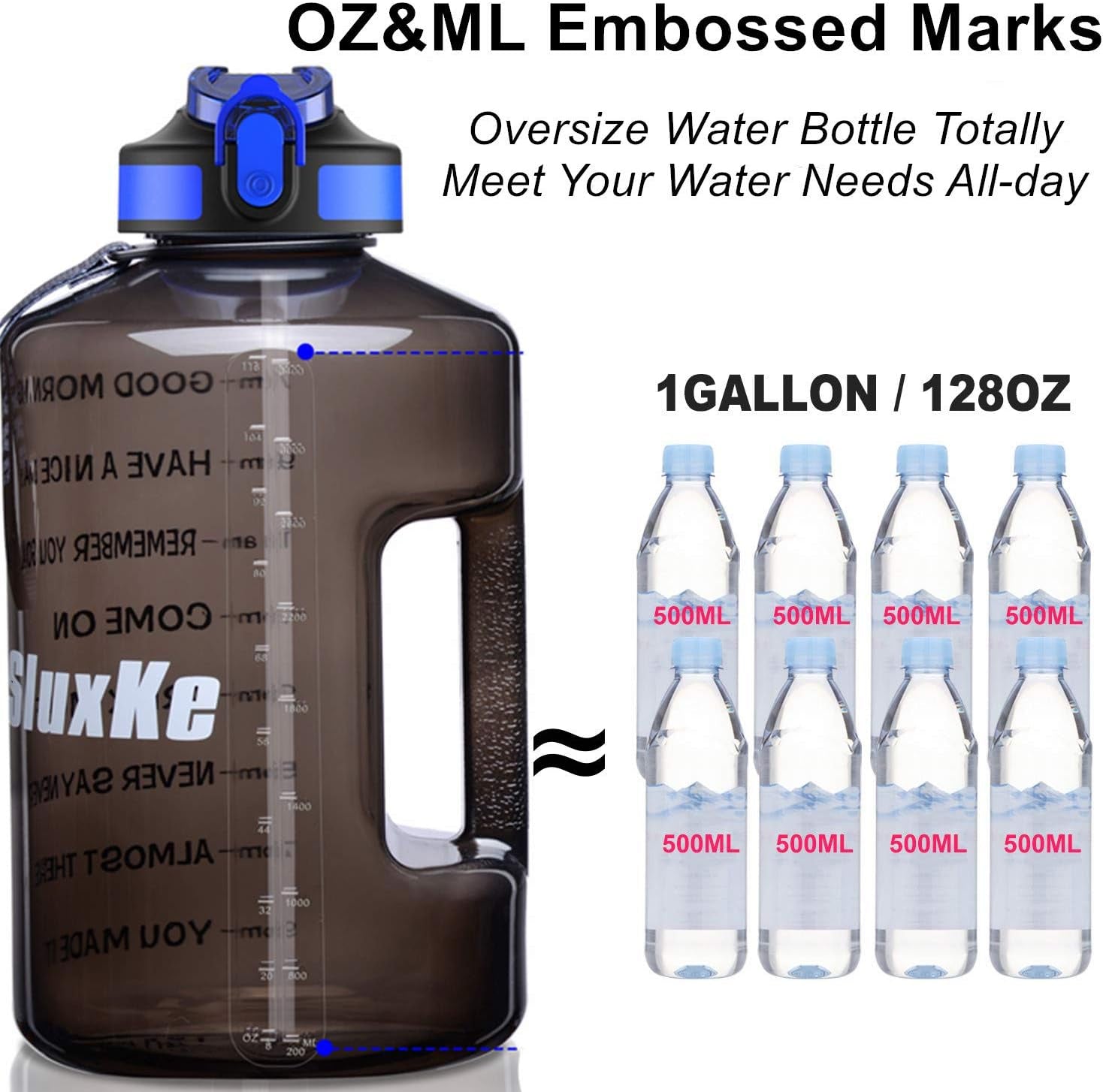 1 Gallon Motivational Sports Water Bottle with Time Marker, BPA Free 128Oz Leak Proof Jug, Black, Plastic, 128 Ounces, Fitness, Sports, Outdoor Activities