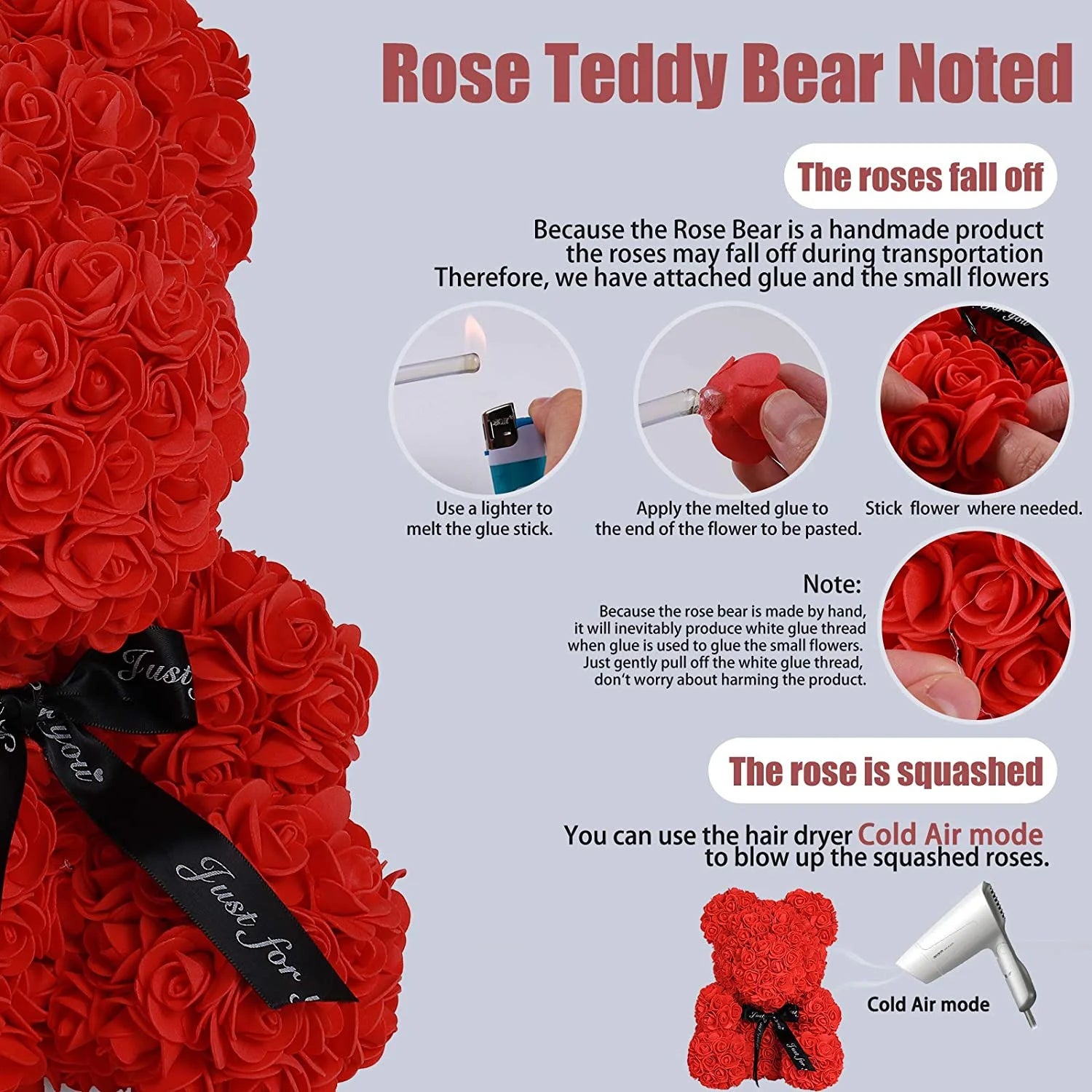 10 Inch Artificial Rose Bear Flowers Wedding Party Decoration Gift Box(Red)