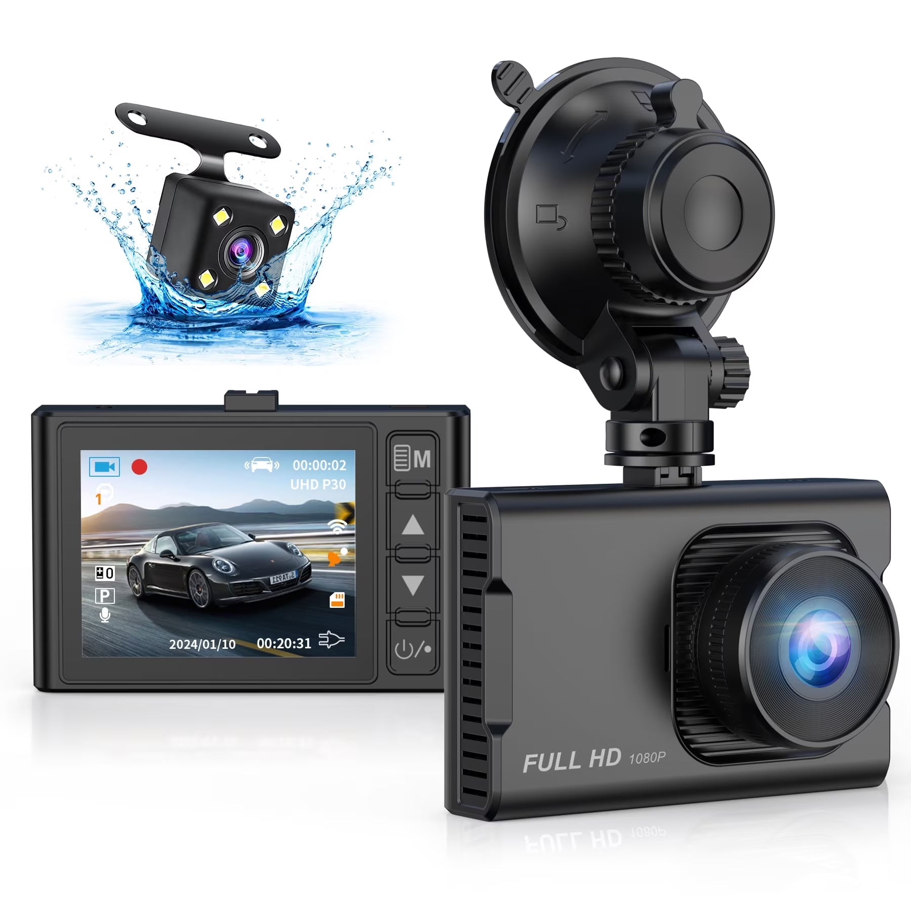 Dash Cam Front and Rear, 1080P Full HD Dash Camera, Dashcam with Night Vision, Car Camera with 3-Inch LCD Display, Parking Mode, G-Sensor, Loop Recording, WDR