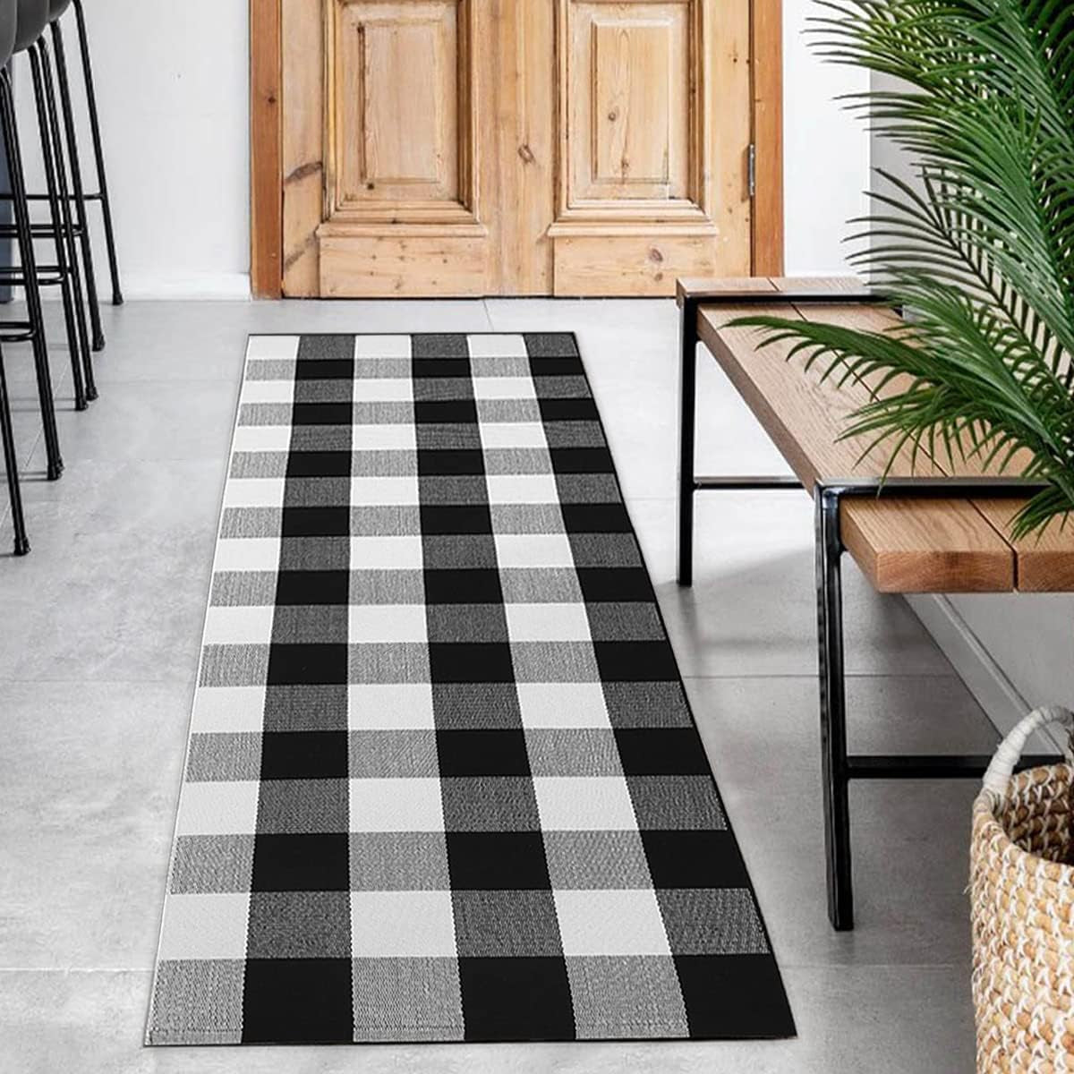 Buffalo Plaid Runner Rug - 2' X 6' Black Checkered Runner Rug, Farmhouse, Indoor, Washable, Water Resistant