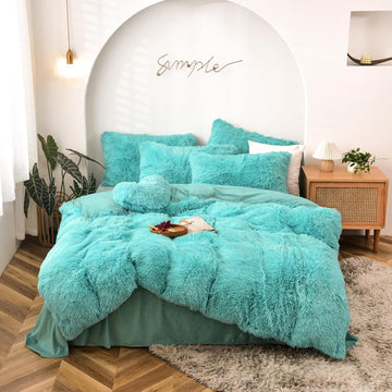 5 PCS Shaggy Duvet Cover Bedding Set - Long Faux Fur Luxury Ultra Soft (Aqua, Full/Queen)