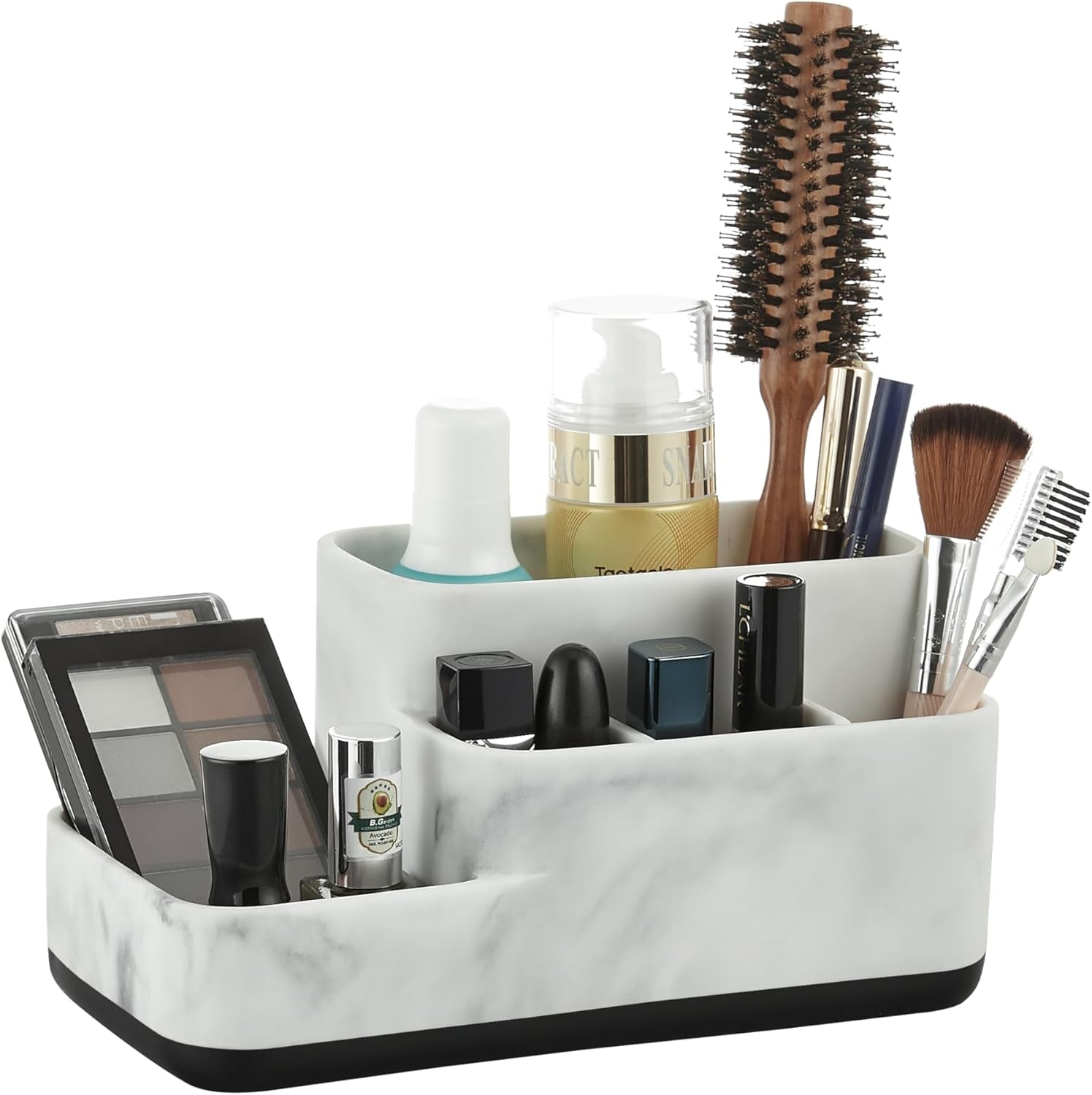 Toothbrush Holder Organizer - Multi-Functional Bathroom Storage for Makeup, Skincare, and Accessories - White Marble Look Countertop Organizer for Sink and Vanity Spaces