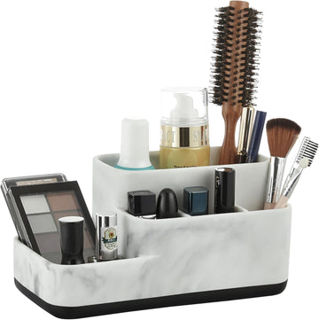 Toothbrush Holder Organizer - Multi-Functional Bathroom Storage for Makeup, Skincare, and Accessories - White Marble Look Countertop Organizer for Sink and Vanity Spaces