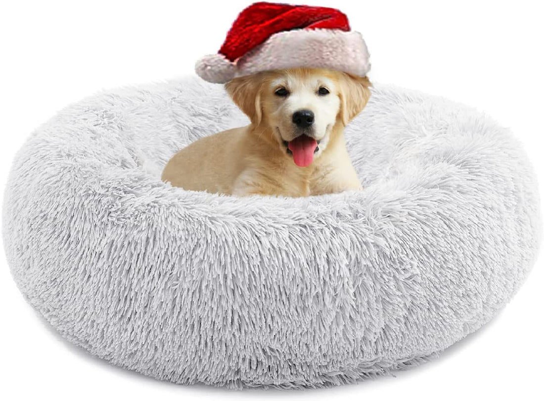 Anti-Anxiety Donut Cat & Dog Bed - Round, Cozy, Plush, Machine Washable, 20X20Inch Grey