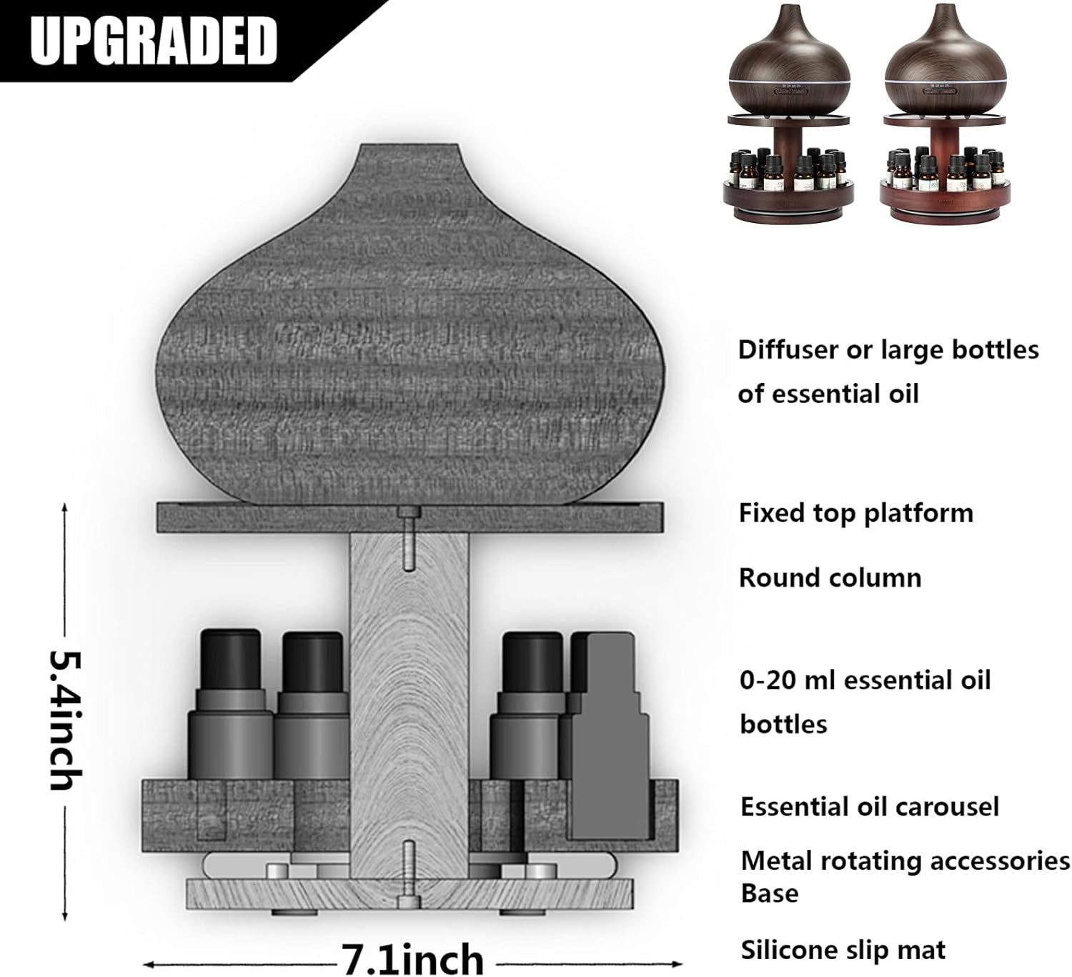 Essential Oil Storage Diffuser Stand Carousel Display - Bamboo Rotating Essential Oil Holder Collection Display Suitable for 5Ml/10Ml/15Ml/20Ml Bottles - Mahogany