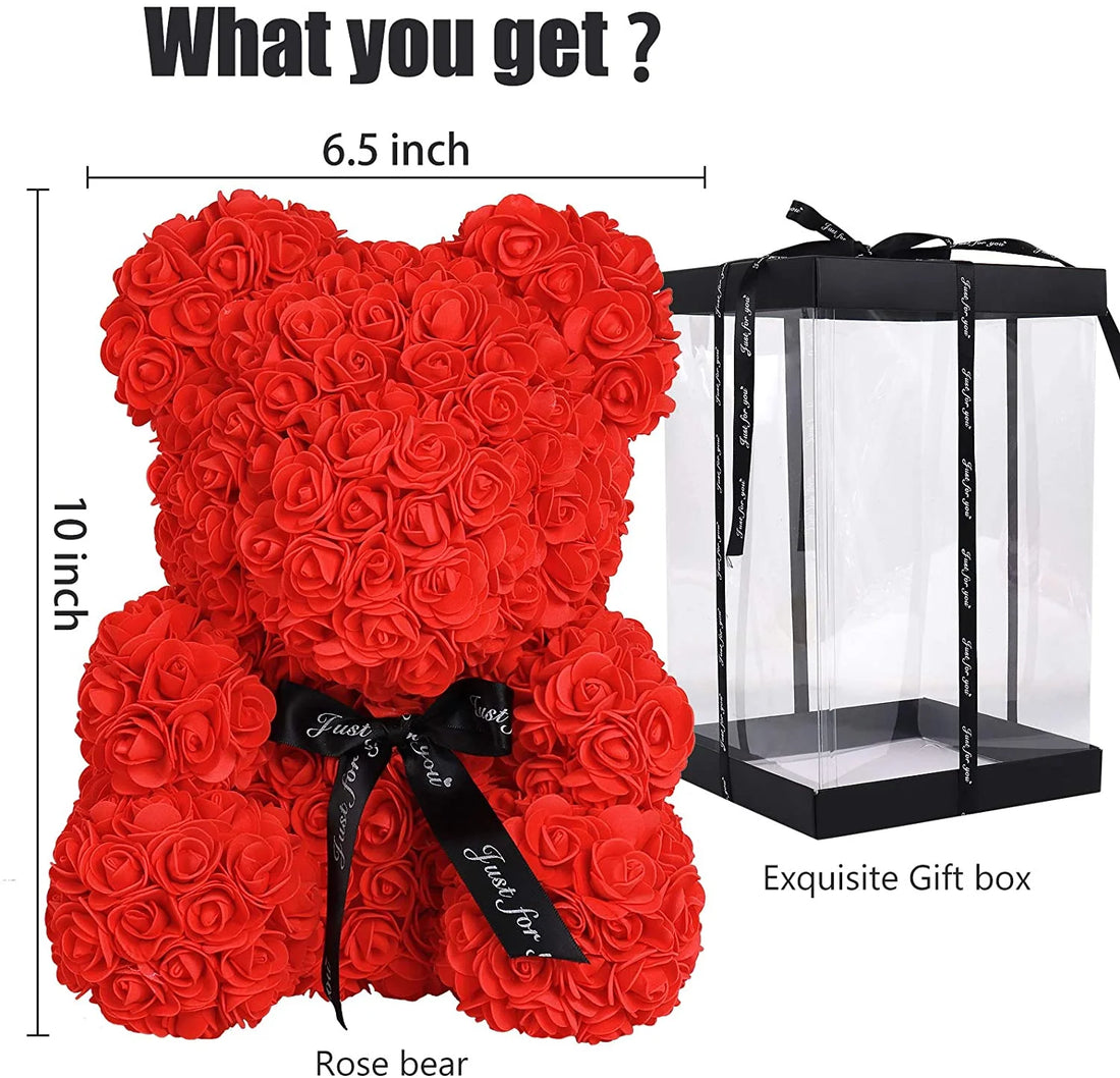 10 Inch Artificial Rose Bear Flowers Wedding Party Decoration Gift Box(Red)