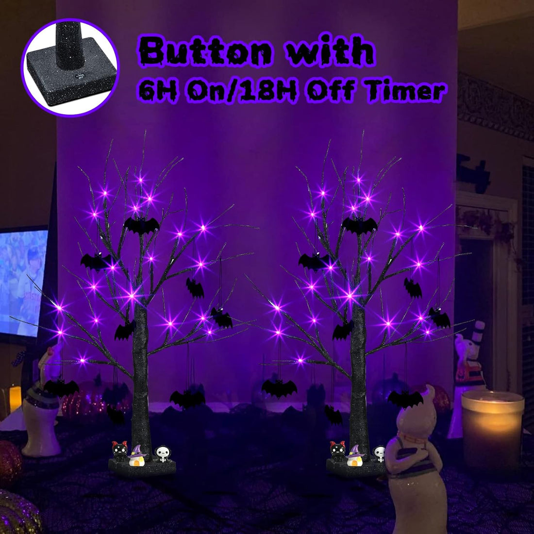 Halloween Decorations, 2FT Black Halloween Tree with 24 Purple Lights and 8 Bat Ornaments, Light up Halloween Decorations with Timer for Indoor Home Desk Table Decor (2PK)