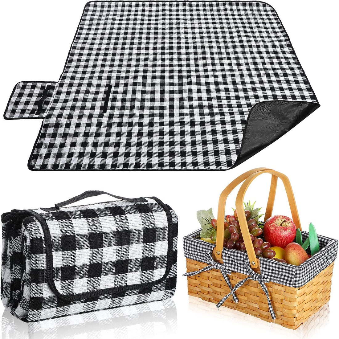 Wicker Picnic Basket Natural Hand Woven Basket with Double Folding Handles, Willow Hamper Baskets with Blanket for Outdoor Picnic Summer Spring Camp Family(Black and White Grid)