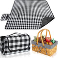 Wicker Picnic Basket Natural Hand Woven Basket with Double Folding Handles, Willow Hamper Baskets with Blanket for Outdoor Picnic Summer Spring Camp Family(Black and White Grid)