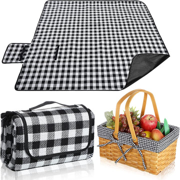 Wicker Picnic Basket Natural Hand Woven Basket with Double Folding Handles, Willow Hamper Baskets with Blanket for Outdoor Picnic Summer Spring Camp Family(Black and White Grid)