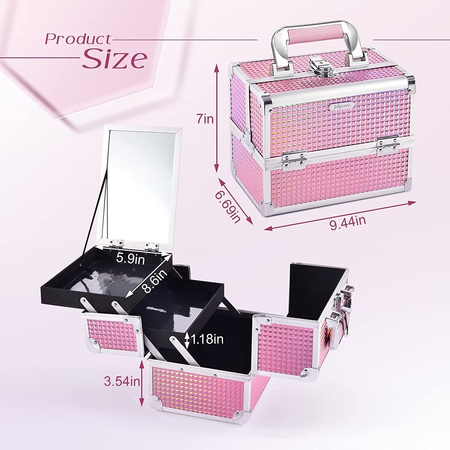 Makeup Train Case Makeup Case Organizer Portable Cosmetic Box Storage with 2 Trays Mirror Locking Make up Travel Case for Nail Kits Cosmetics Craft Traveling Makeup Box Mermaid Pink