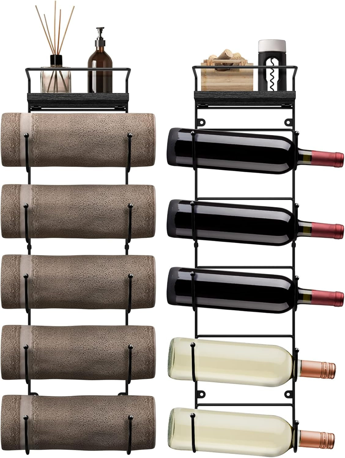 Bathroom Towel Holder - 5 Tier Metal Towel Rack with Wood Shelf for Rolled Bath Towels, Washcloths, Linens, Hand Towels, Soaps & Accessories - Wall Mounted Towel Rack for Bathroom Towel Storage