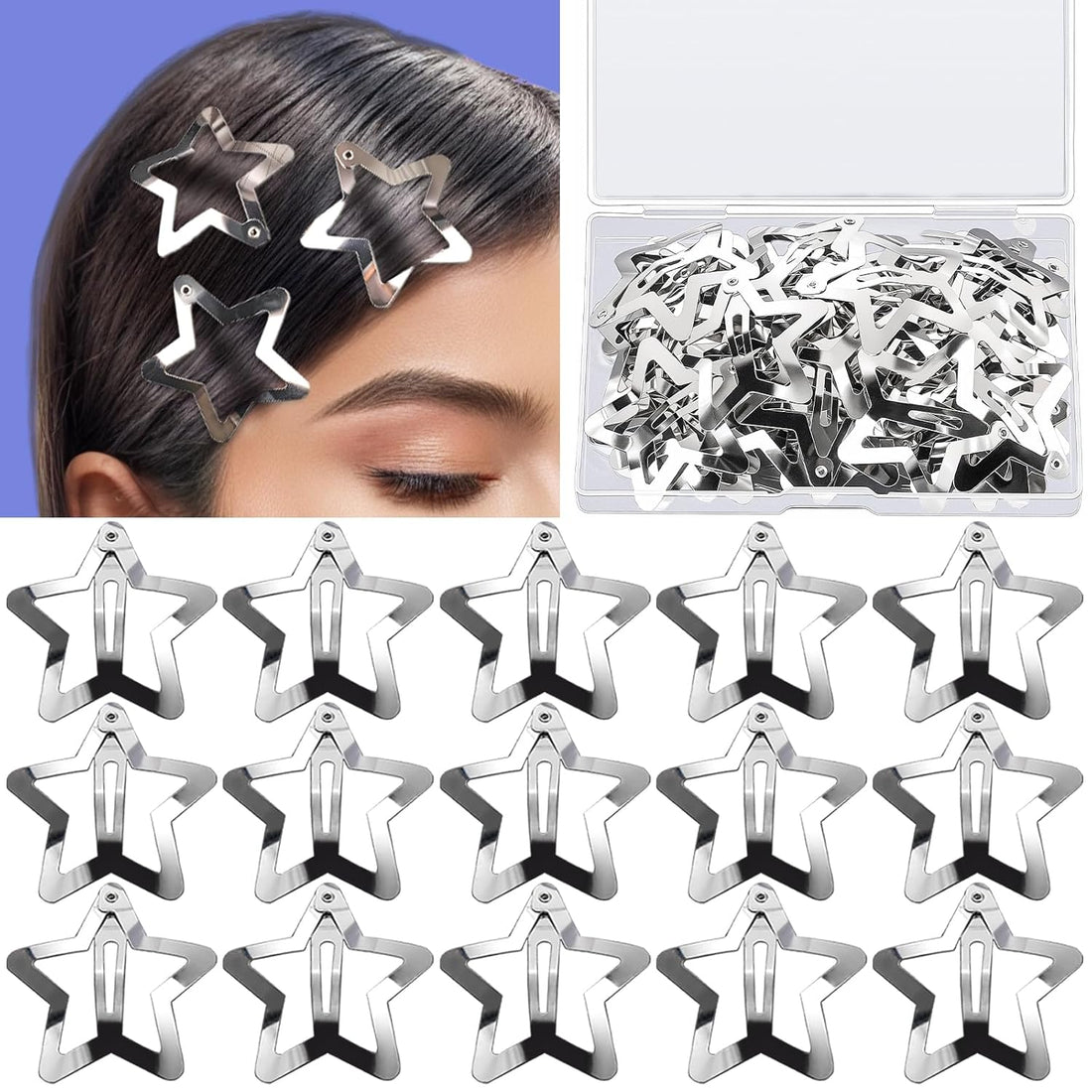 30 PCS 1.61" Star Hair Clips, Y2K Hair Accessories, Silver Clips for Girls Women, Rave Accessories, Non Slip Barrettes, Metal Snap Hair Clips