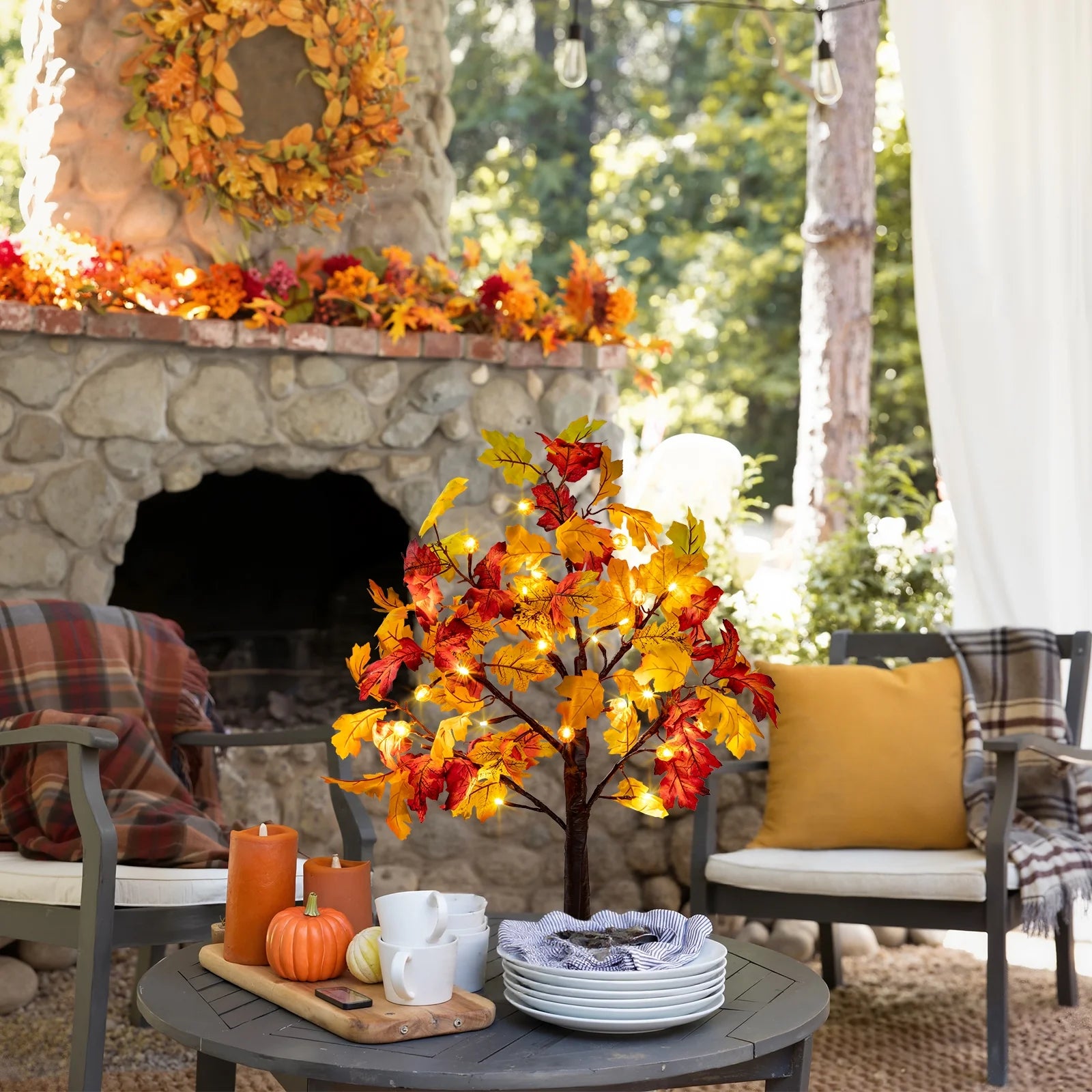 Fall Decorations for Home, 25" 24 LED Artificial Fall Maple Leaves Table Tree with Pumpkins Lights Indoor Wedding Party Autumn Thanksgiving Decor