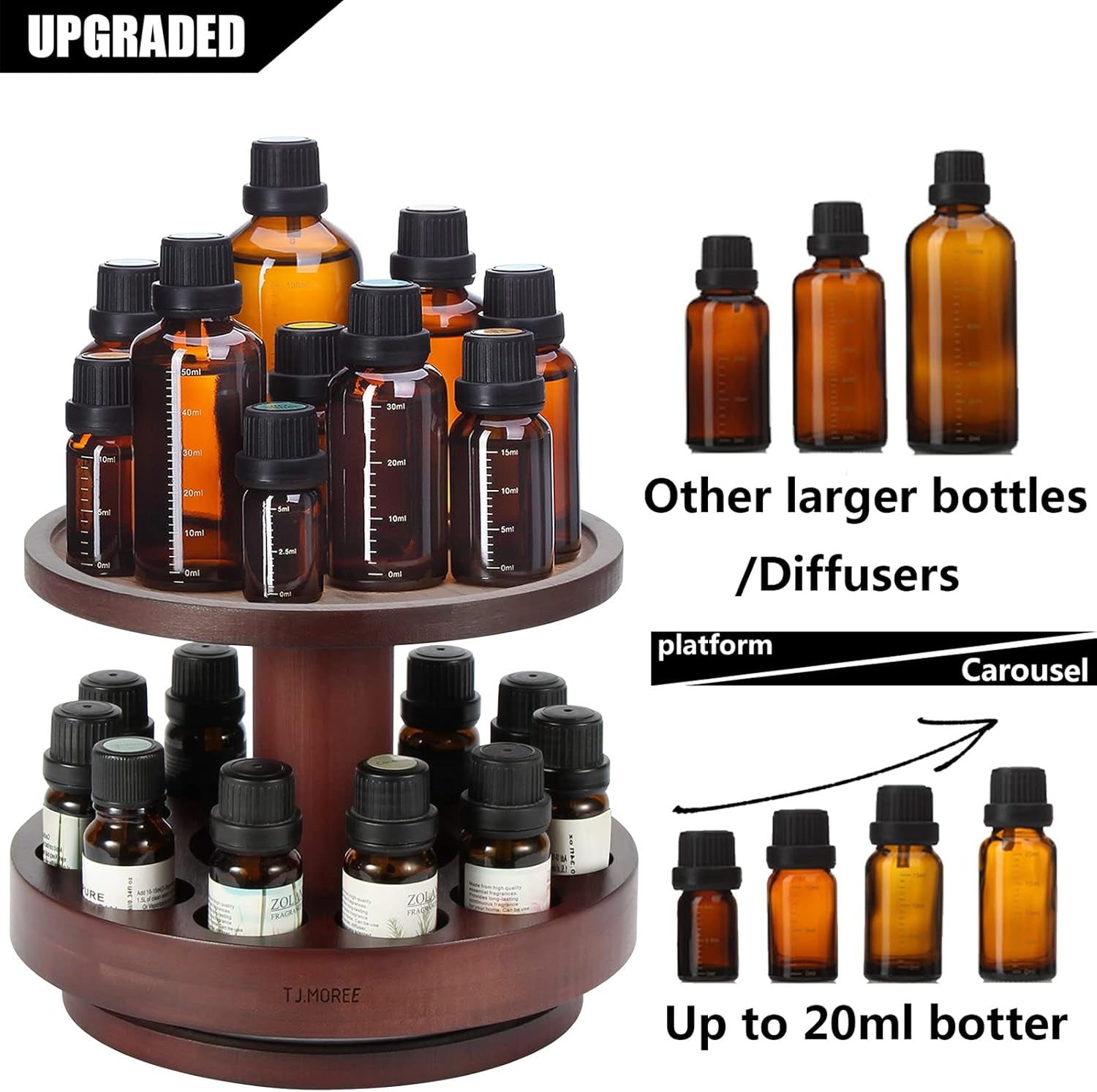 Essential Oil Storage Diffuser Stand Carousel Display - Bamboo Rotating Essential Oil Holder Collection Display Suitable for 5Ml/10Ml/15Ml/20Ml Bottles - Mahogany