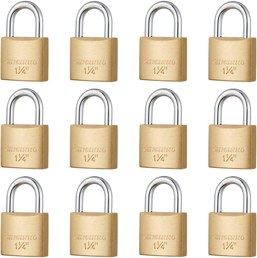 12Pack Small Solid Brass Locks Keyed Alike，1-1/4” (30Mm) Wide Lock Body, 1/5” Shackle Diameter Padlocks with Key