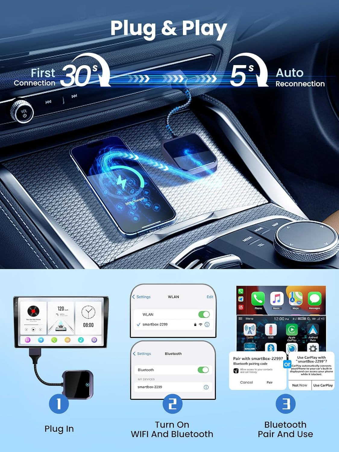 Wireless Carplay and Android Auto Adapter with Fast Stable 5Ghz Wifi Bluetooth, Wireless Android Auto Car Adapter Applies to Cars after 2016 & Phone with Android11+& Usb-A/Type-C (Purple)