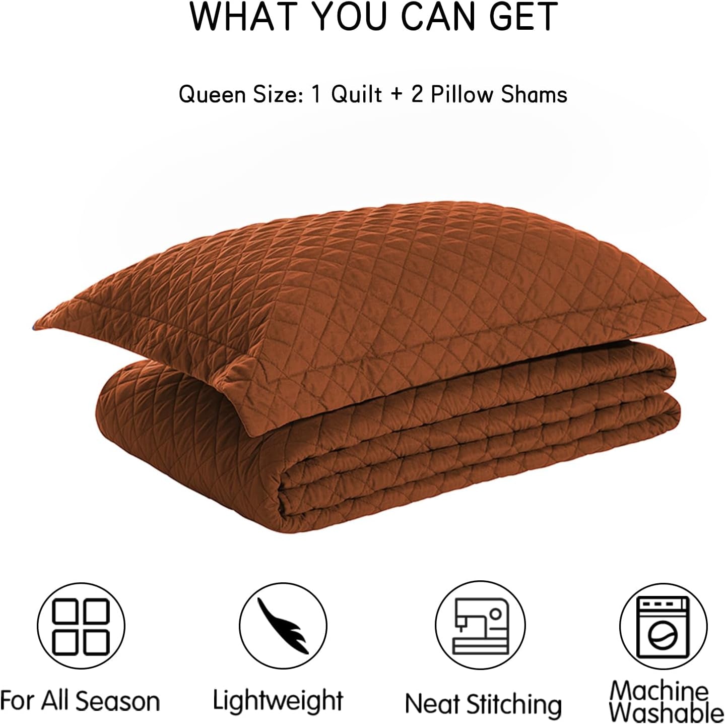 Queen Quilt Bedding Set with Pillow Shams, Full Queen Size Quilt Brunt Orange, Lightweight Bedspreads Soft Reversible Coverlet for All Season 3Pcs Rust Diamond Quilted Bed Set(90"X96")