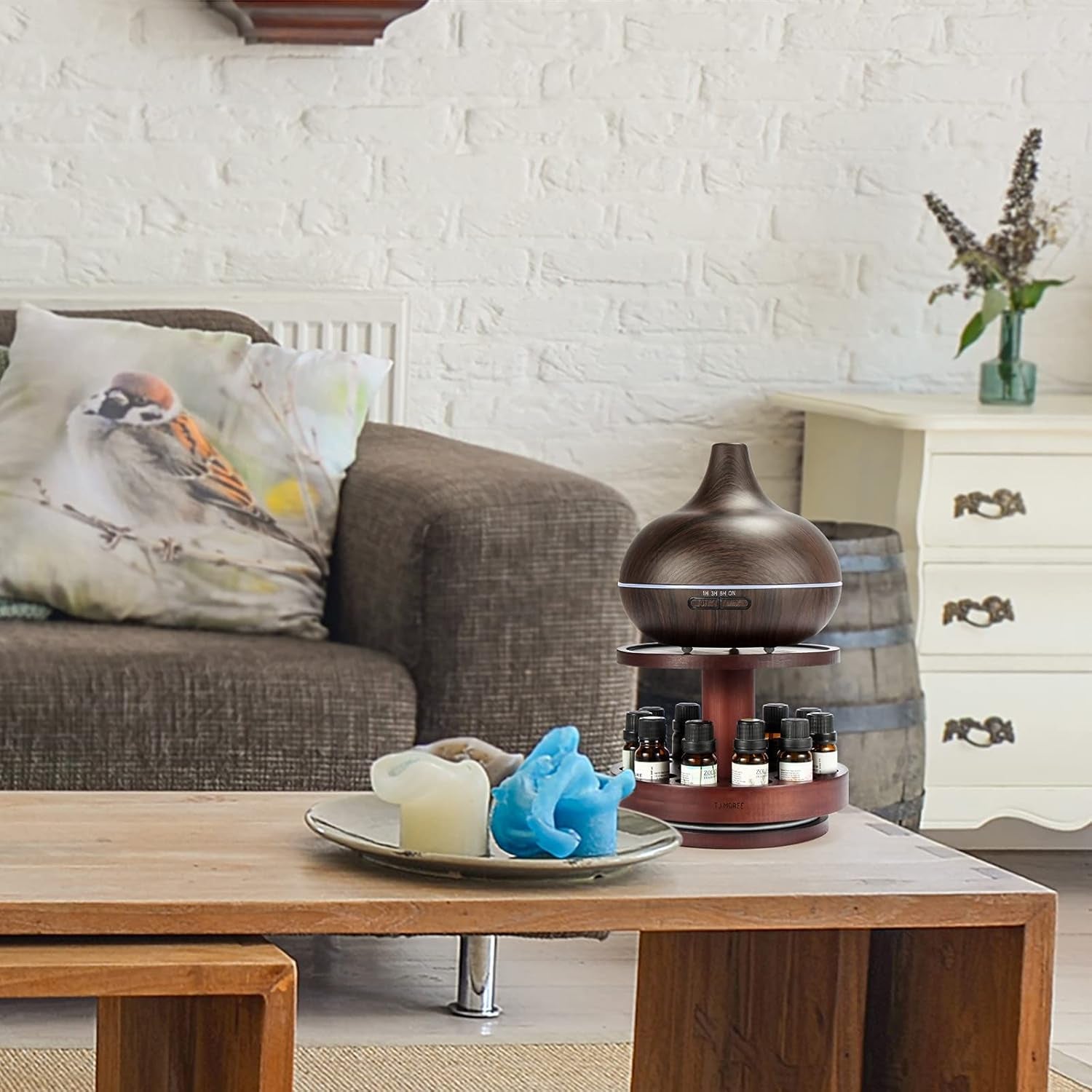 Essential Oil Storage Diffuser Stand Carousel Display - Bamboo Rotating Essential Oil Holder Collection Display Suitable for 5Ml/10Ml/15Ml/20Ml Bottles - Mahogany